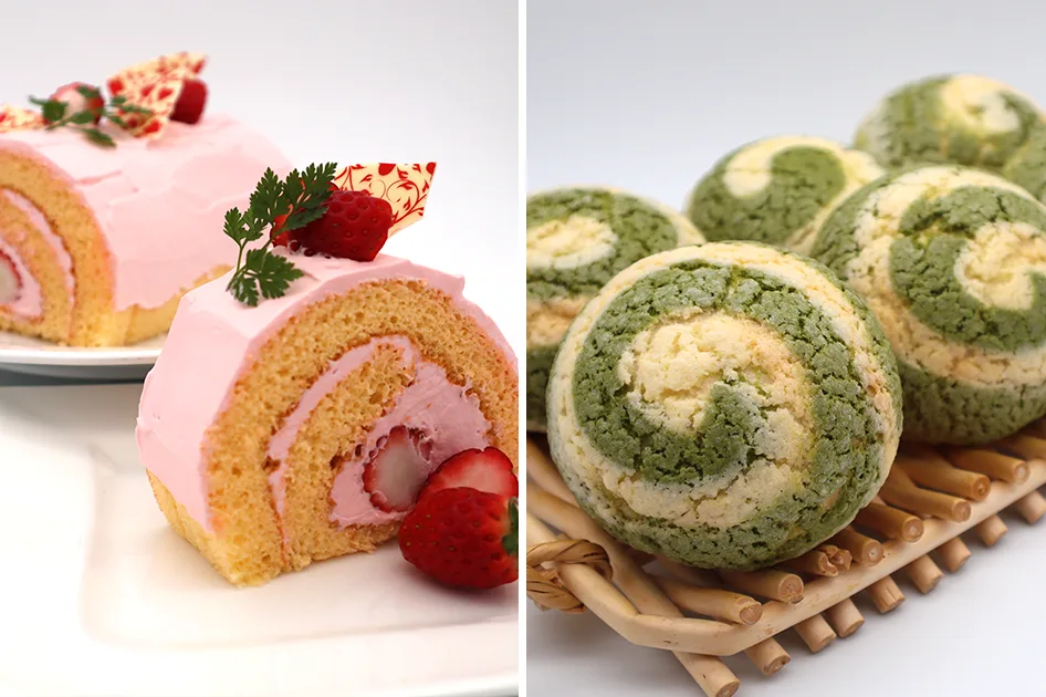 苺たっぷりロールケーキ＆うずまきメロンパン